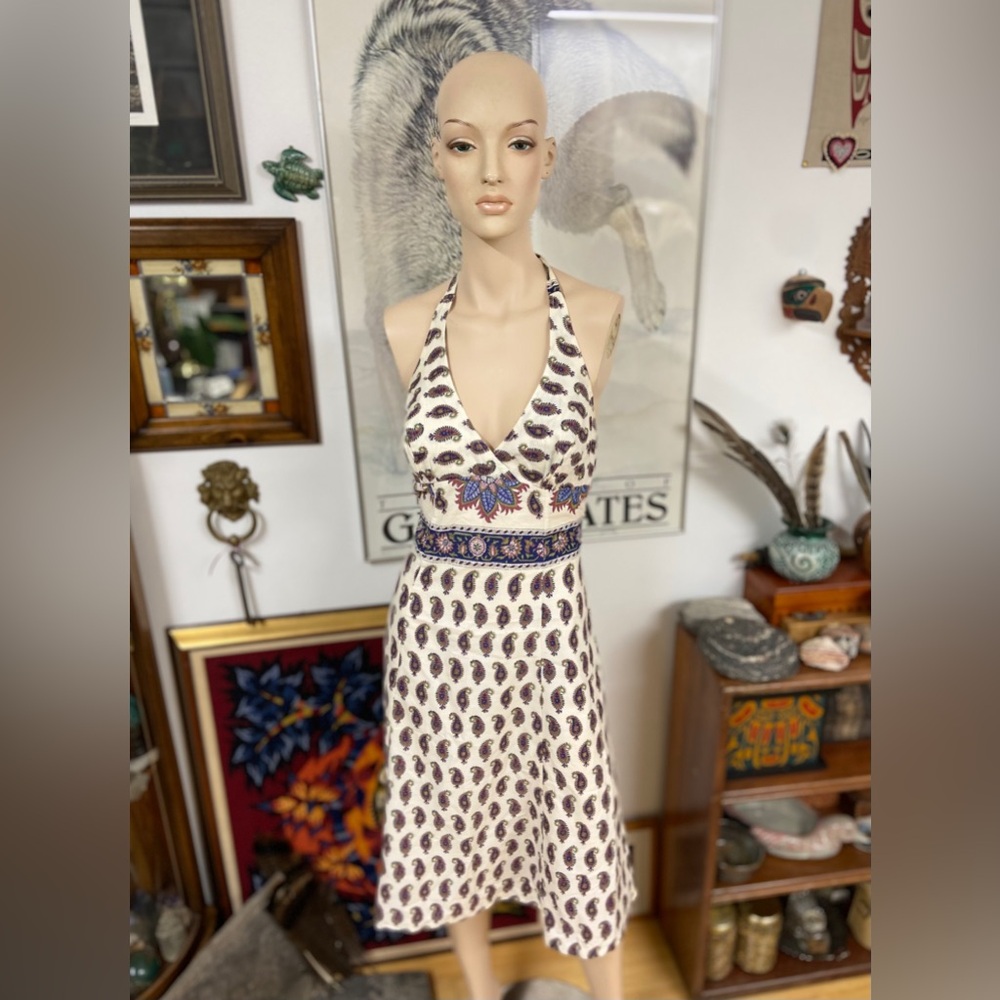 Elegant Halter Dress with Blue and Purple Paisleys on Cream